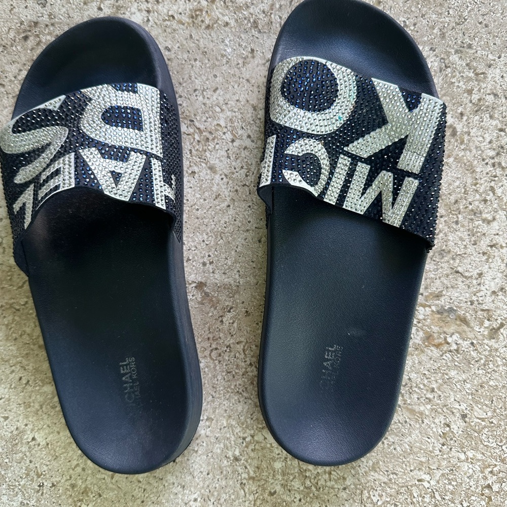 Michael Kors Navy Blue and Silver Logo Slides